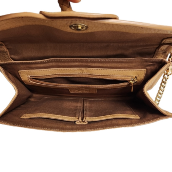 Clutch Handbag removable shoulder strap tassel Leather Tan Gold color C WONDER - Picture 9 of 13